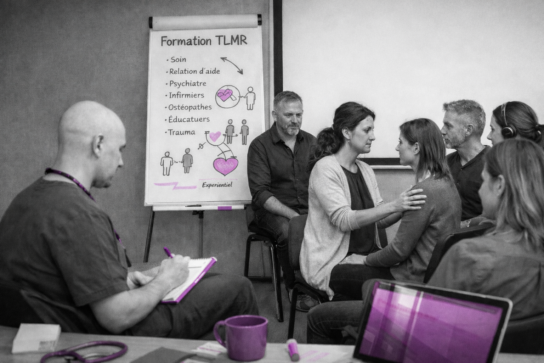 Groupe de professionnels en formation TLMR échangeant sur la posture thérapeutique et des situations cliniques complexes.