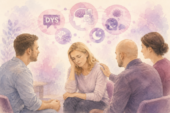 Personne en formation soutenue par un groupe avec pictogrammes représentant les handicaps invisibles et les besoins cognitifs.