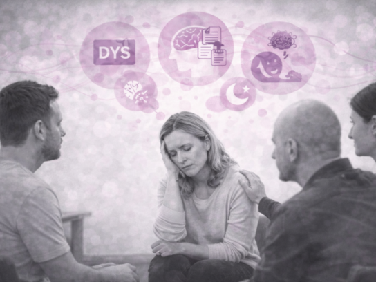 Personne en formation soutenue par un groupe avec pictogrammes représentant les handicaps invisibles et les besoins cognitifs.