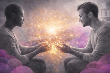 Deux personnes en interaction, mains ouvertes vers une lumière partagée, illustrant l’accordage et la présence en hypnose relationnelle