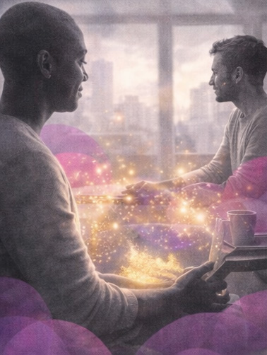 Deux personnes dans un espace lumineux partageant une présence calme, symbolisant l’intégration de l’hypnose dans le quotidien