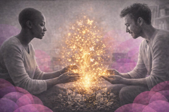 Deux personnes sculptant ensemble une forme lumineuse faite de motifs naturels, symbolisant l’intention partagée et la co-construction en hypnose relationnelle