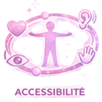 Icône d’accessibilité en dégradés rose et violet, représentant une silhouette entourée de symboles visuel, auditif, tactile et inclusif