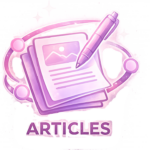 Icône rose et violet représentant une pile d’articles avec un stylo et des éléments orbitaux, symbolisant les articles publiés par l’Institut Mimethys