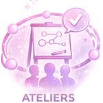 Icône rose et violet représentant un atelier de formation avec un paperboard, un schéma et un groupe de participants