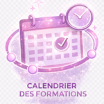 Icône rose et violet représentant un calendrier et une horloge entourés d’orbites lumineuses, symbolisant le calendrier des formations Mimethys