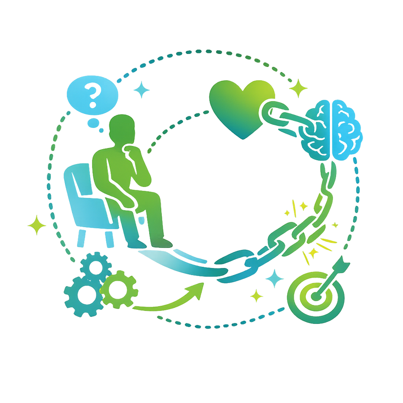 Icône coach assis relié par une chaîne au cœur et au cerveau en bleu et vert symbolisant blocages relationnels et mise en mouvement