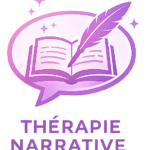 Icône violet et rose représentant un livre ouvert et une plume dans une bulle de dialogue, symbolisant la formation en thérapie narrative à l’Institut Mimethys