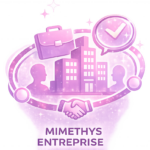 Icône Mimethys Entreprise en rose et violet, représentant un bâtiment, deux silhouettes, une poignée de main et un réseau d’éléments connectés