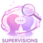 Icône rose et violet représentant deux profils en dialogue entourés d’orbites symbolisant la supervision à l’Institut Mimethys