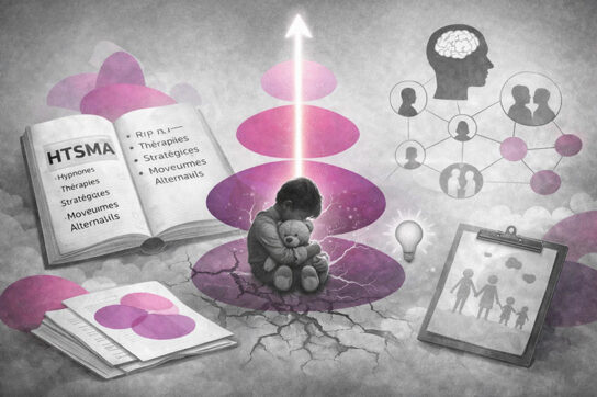 Illustration conceptuelle des origines de la TLMR : enfant symbolisant l’attachement désorganisé, livres HTSMA, liens relationnels et formes ovoïdes rose et violet Mimethys