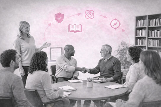 Réunion à l’Institut Mimethys : une intervenante et un groupe échangent autour d’une table, avec pictogrammes roses. Transmission