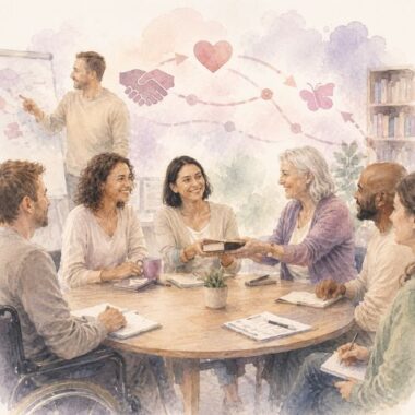 Groupe en réunion autour d’une table : une personne transmet un livre à une autre, avec symboles roses de lien.