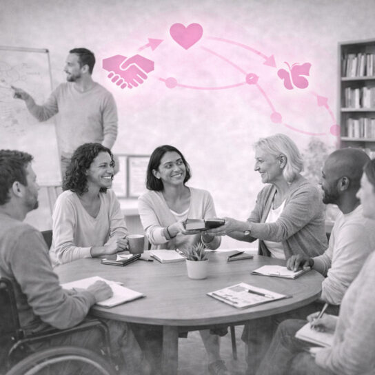 Groupe en réunion autour d’une table : une personne transmet un livre à une autre, avec symboles roses de lien.