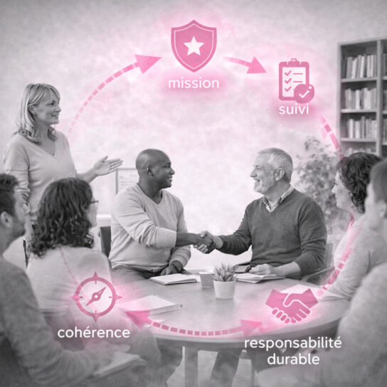 Réunion à l’Institut Mimethys : poignée de main autour d’une table, avec icônes « mission », « suivi » et « cohérence ».