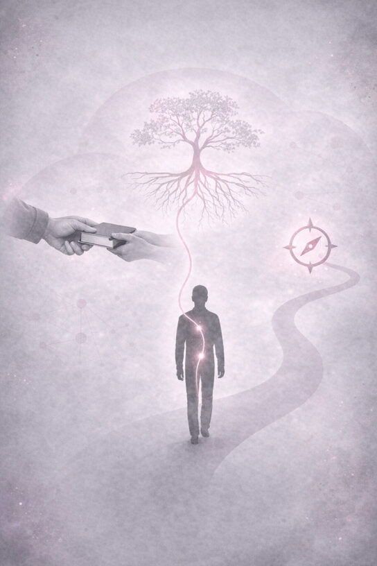 Silhouette reliée à un arbre-racines ; des mains se transmettent un livre, avec boussole et teintes rose/violet.