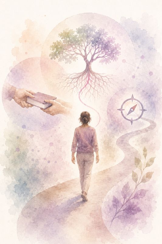 Silhouette reliée à un arbre-racines ; des mains se transmettent un livre, avec boussole et teintes rose/violet.