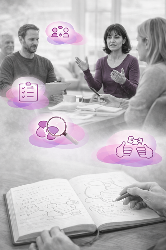 Professionnels en séance de supervision post-formation, échangeant autour d’une table avec un carnet rempli de schémas cliniques, illustrant l’approfondissement des pratiques à l’Institut Mimethys