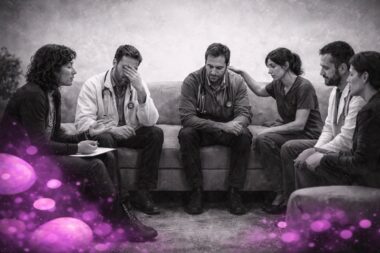 Équipe de soignants en soutien mutuel face au psychotraumatisme, en noir et blanc avec touches de rose Mimethys