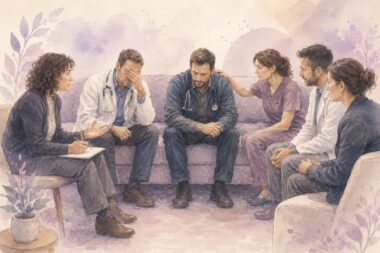 Équipe de soignants en soutien mutuel face au psychotraumatisme, en noir et blanc avec touches de rose Mimethys