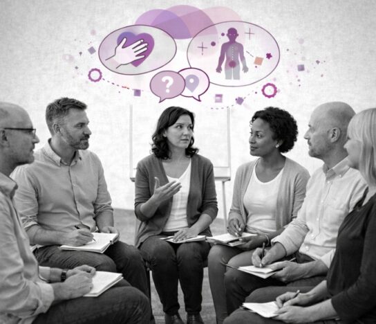 Atelier expérientiel : discussion en cercle, une participante s’exprime, pictogrammes corps et questionnement