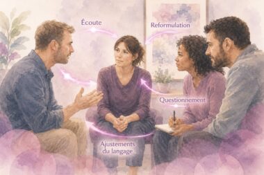 Groupe de professionnels en communication thérapeutique, échange centré sur l’écoute, la reformulation et le questionnement
