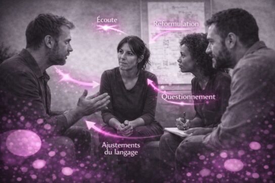 Groupe de professionnels en communication thérapeutique, échange centré sur l’écoute, la reformulation et le questionnement