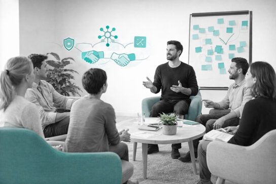 Séance de travail d’équipe en noir et blanc avec touches bleu-vert, illustrant la formation à l’accompagnement des collectifs par le pouvoir des liens