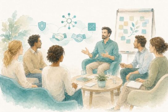 Séance de travail d’équipe en noir et blanc avec touches bleu-vert, illustrant la formation à l’accompagnement des collectifs par le pouvoir des liens