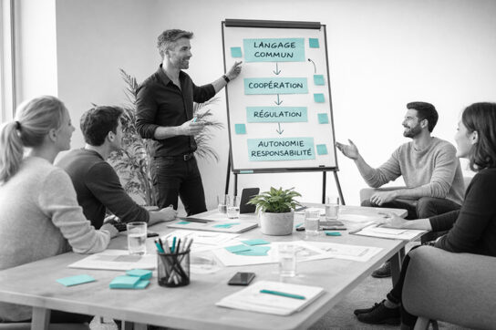 Groupe de professionnels en réunion en noir et blanc avec des touches bleu-vert, illustrant un accompagnement différent du coaching et du conseil classiques