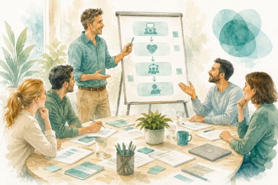 Groupe de professionnels en réunion en noir et blanc avec des touches bleu-vert, illustrant un accompagnement différent du coaching et du conseil classiques