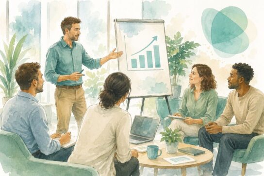 Réunion professionnelle en noir et blanc avec des touches bleu-vert, illustrant la double origine terrain et clinique de Mimethys Entreprise