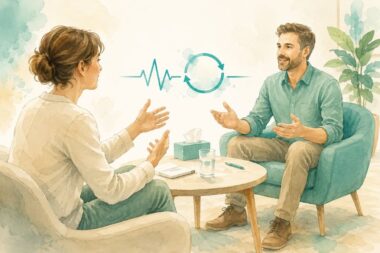 Séance de coaching individuel en noir et blanc avec touches bleu-vert, illustrant la posture de coach post et éco-systémicien