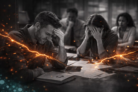Équipe en situation de crise organisationnelle, collaborateurs en tension autour d’une table, scène en noir et blanc avec fissures lumineuses orange symbolisant la rupture relationnelle