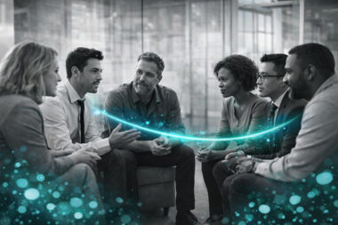 Équipe en discussion collaborative en noir et blanc, avec des accents bleu-vert symbolisant la qualité des liens au sein des organisations