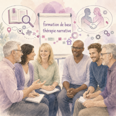 Groupe en cercle en formation : tableau « formation de base thérapie narrative » et échanges entre participants