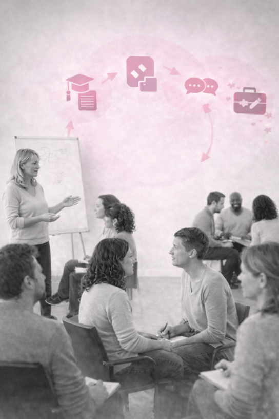 Atelier en groupe : formatrice au flipchart et participants en échanges, avec pictogrammes roses.