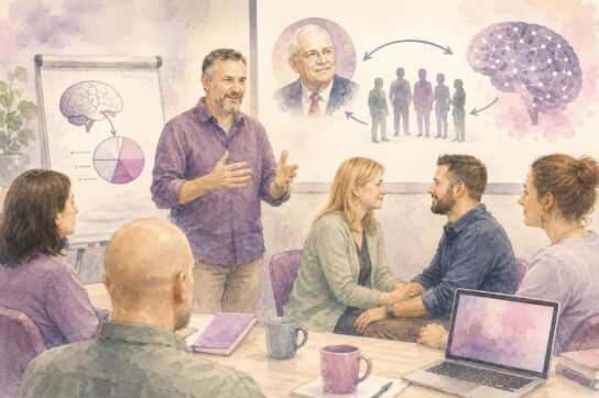 Formation en hypnose relationnelle : démonstration en groupe, diapo « Palo Alto » et schémas de cerveau