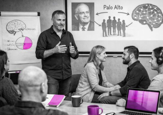 Formation en hypnose relationnelle : démonstration en groupe, diapo « Palo Alto » et schémas de cerveau