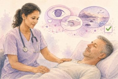 Soignante auprès d’un patient allongé, geste rassurant, pictogrammes d’hypnose et d’apaisement