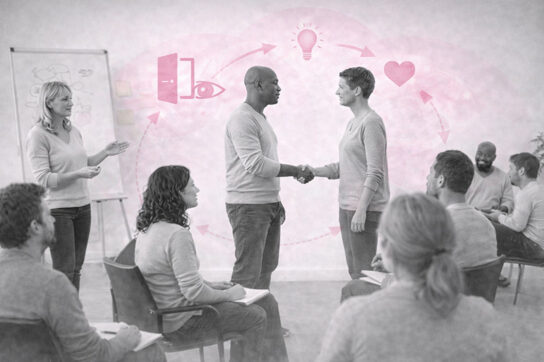 Mise en situation en formation : deux participants se serrent la main, le groupe observe, avec symboles roses.