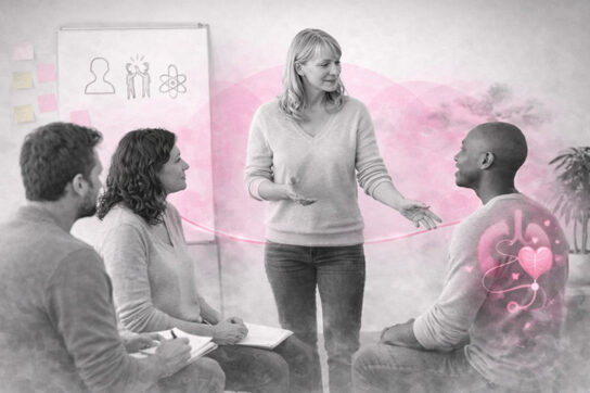 Notre méthode pédagogique avec un atelier Mimethys : une formatrice anime un échange de groupe, en noir et blanc, avec accents rose.