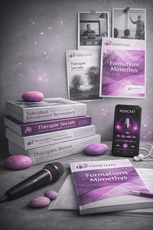 Table de travail en noir et blanc avec des ressources Mimethys : article annoté, tablette affichant la TLMR, livre sur les approches traumatiques, casque audio et galets roses et violets.