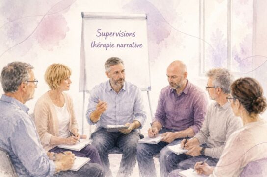 Supervision en thérapie narrative : groupe en cercle, échanges et prises de notes, tableau « Supervisions »