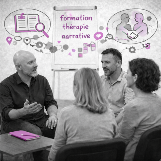 Échange en petit groupe en thérapie narrative, avec pictogrammes de récit, alliance thérapeutique et ressources