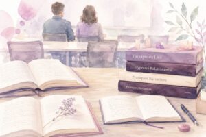 Livres et carnets de travail liés aux formations Mimethys posés sur une table avec une salle de formation floue en arrière-plan