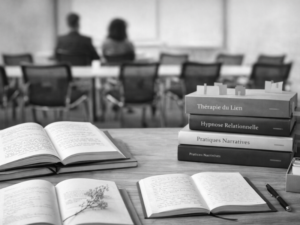 Livres et carnets de travail liés aux formations Mimethys posés sur une table avec une salle de formation floue en arrière-plan en noir et blanc