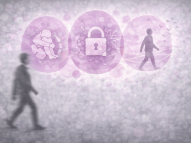 Silhouette en mouvement avec symboles de fermeture et d’ouverture illustrant la transformation relationnelle chez Mimethys.