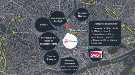 Carte de Nantes montrant la localisation de l’Institut Mimethys et les principaux points d’accès