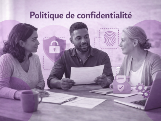 illustration de personnes échangeant autour de documents et d’un ordinateur, symbolisant la protection des données personnelles et la confidentialité à l’Institut Mimethys